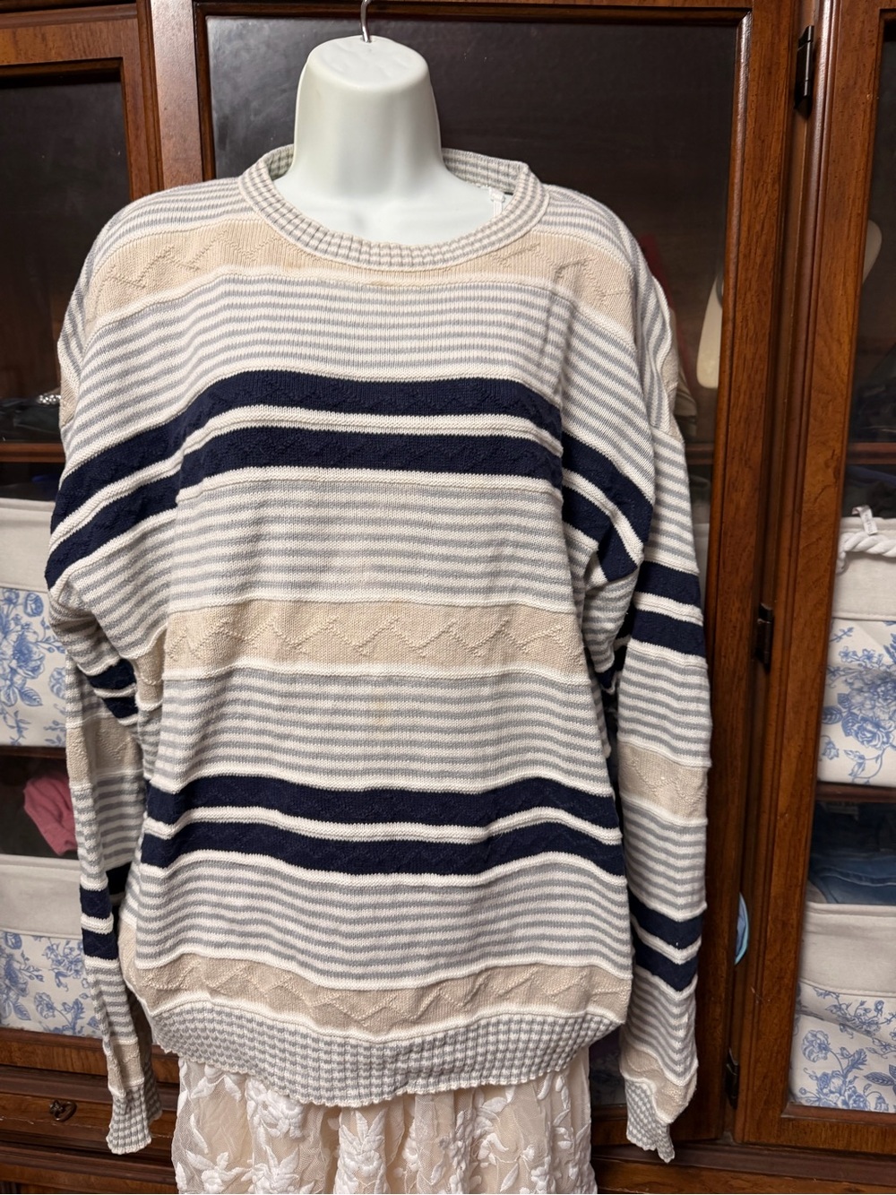 Dior Men's Striped Crewneck Sweater — Navy, Beige & White